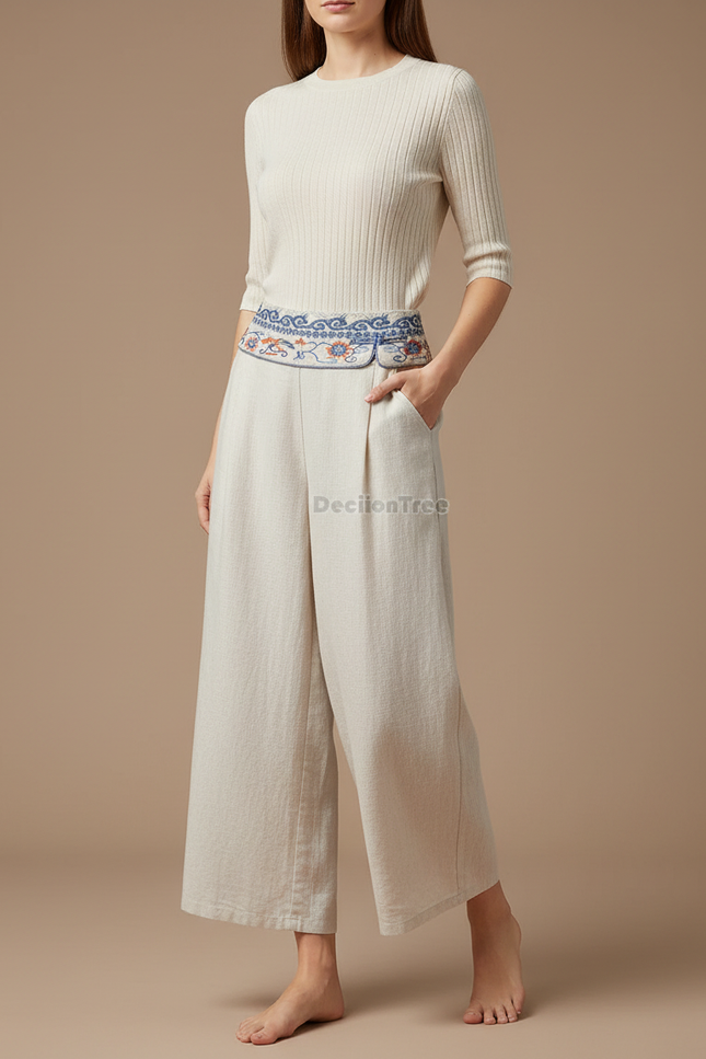 Pantalon Chinois Écru Brodé Ample Lin Fluide - Beige