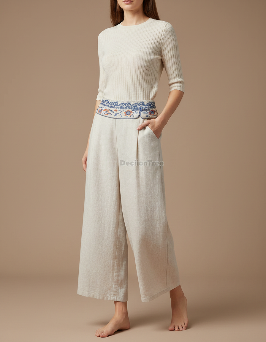 Pantalon Chinois Écru Brodé Ample Lin Fluide - Beige