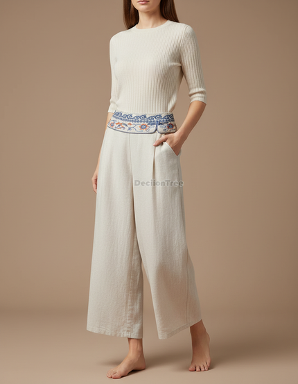 Pantalon Chinois Écru Brodé Ample Lin Fluide - Beige