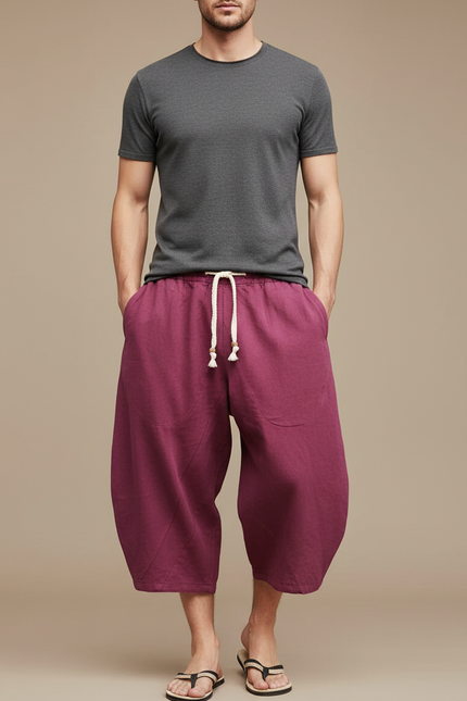 Pantalon Chinois Bordeaux Ample Lin Décontracté Cordon