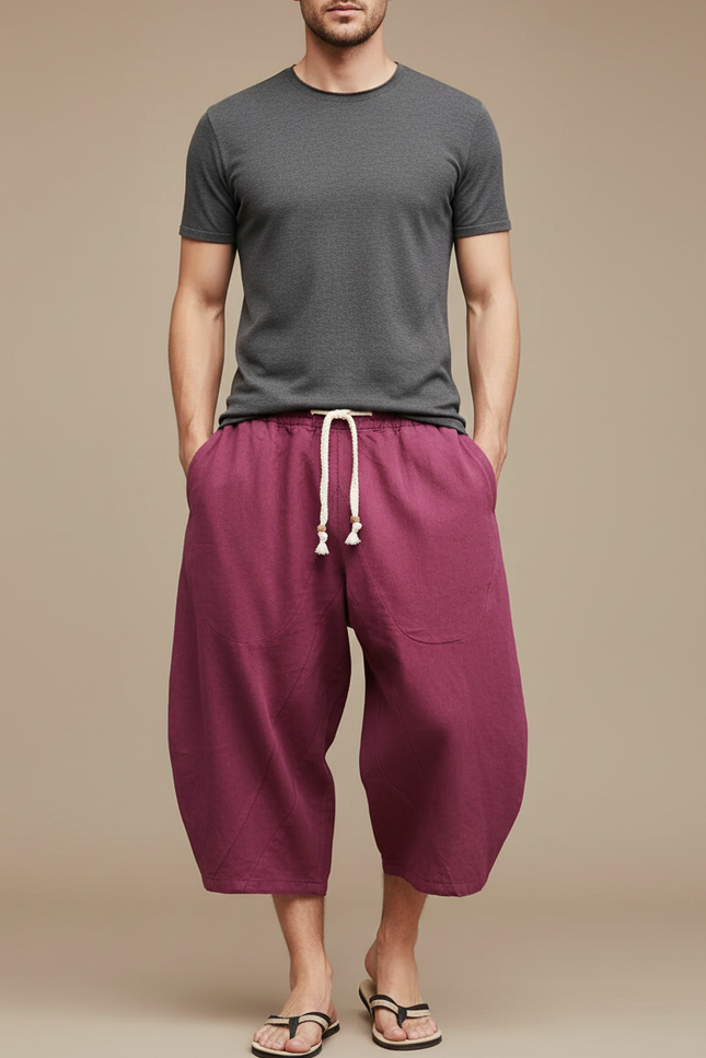 Pantalon Chinois Bordeaux Ample Lin Décontracté Cordon