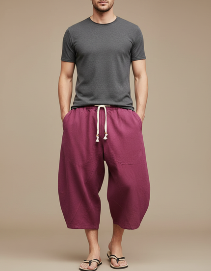 Pantalon Chinois Bordeaux Ample Lin Décontracté Cordon