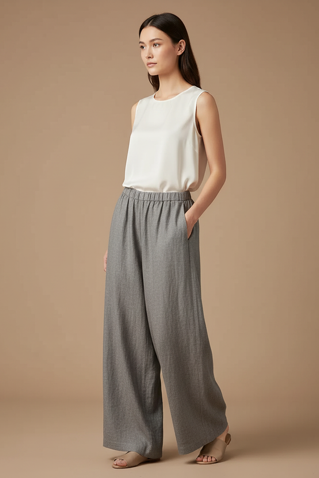 Pantalon Chinois Gris Ample Lin Fluide Femme
