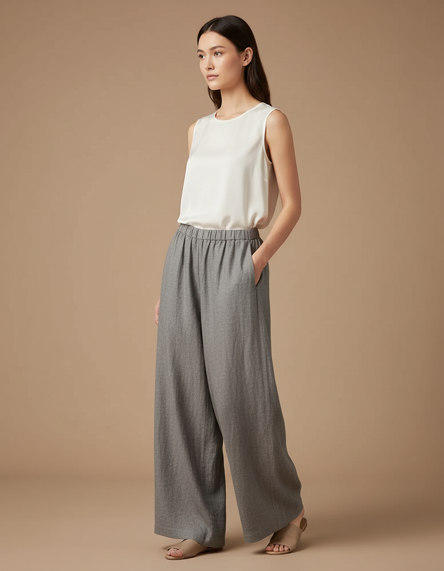Pantalon Chinois Gris Ample Lin Fluide Femme