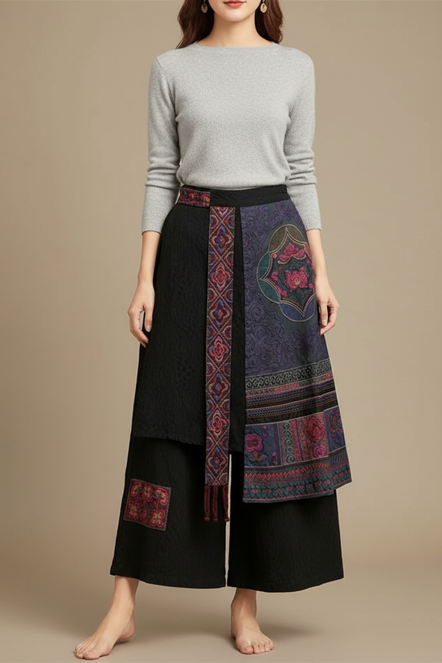 Pantalon Chinois Noir Brodé Ample Jupe-culotte Ethnique - Coton