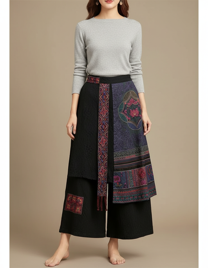Pantalon Chinois Noir Brodé Ample Jupe-culotte Ethnique - Coton