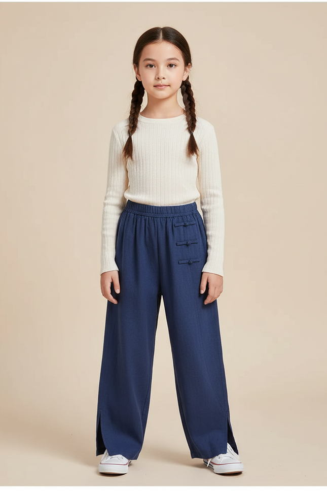 Pantalon Chinois Bleu Ample Coton Traditionnel Fendu - Lin