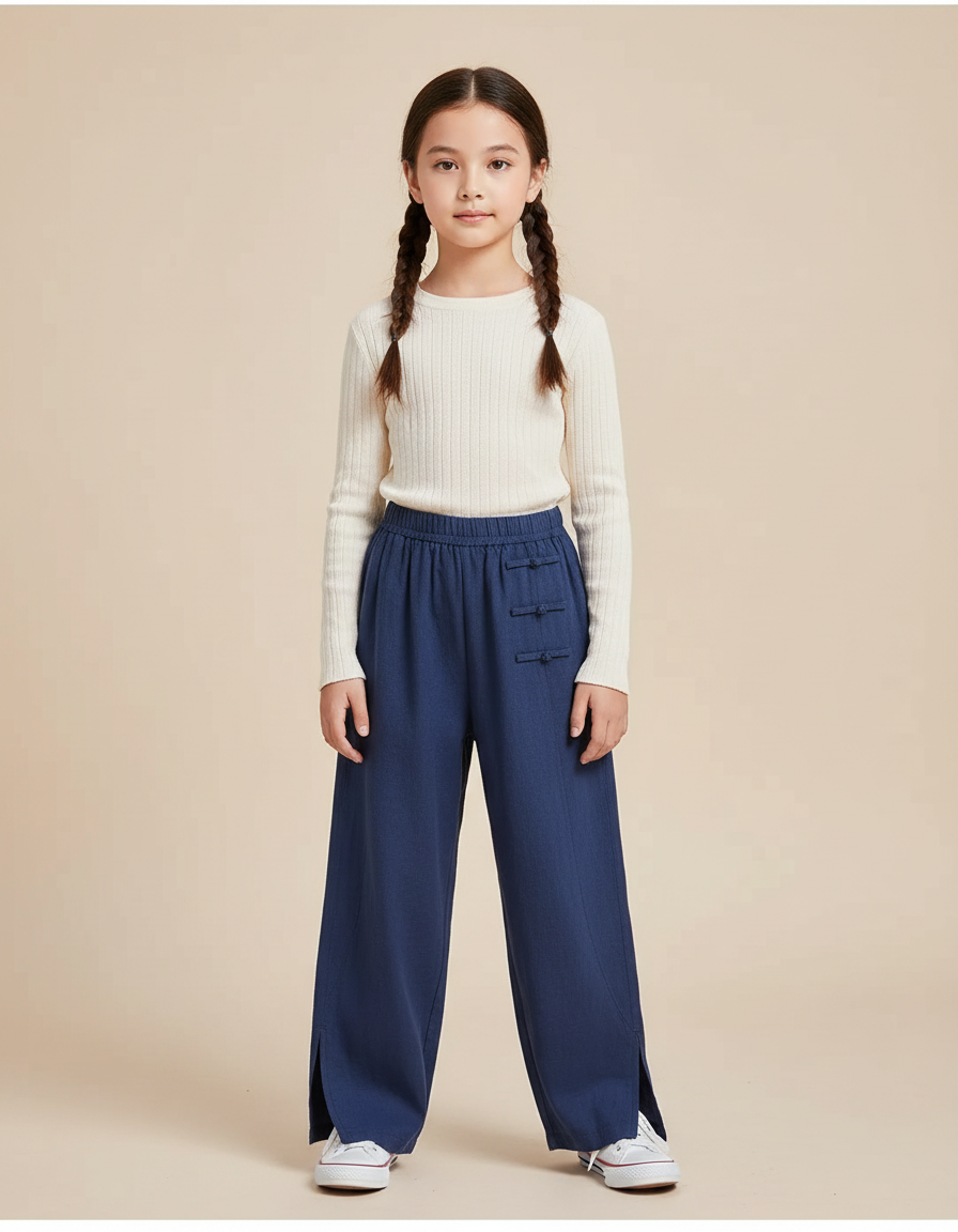 Pantalon Chinois Bleu Ample Coton Traditionnel Fendu - Lin