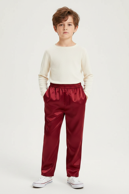 Pantalon Chinois Rouge Satiné Ample Élastique Garçon