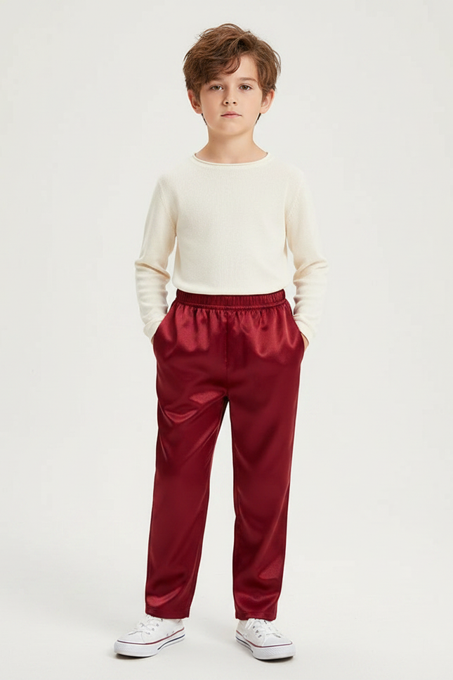 Pantalon Chinois Rouge Satiné Ample Élastique Garçon