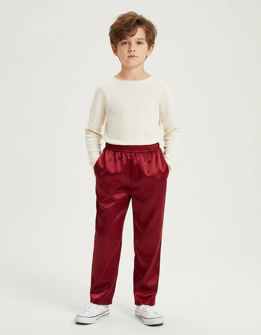 Pantalon Chinois Rouge Satiné Ample Élastique Garçon
