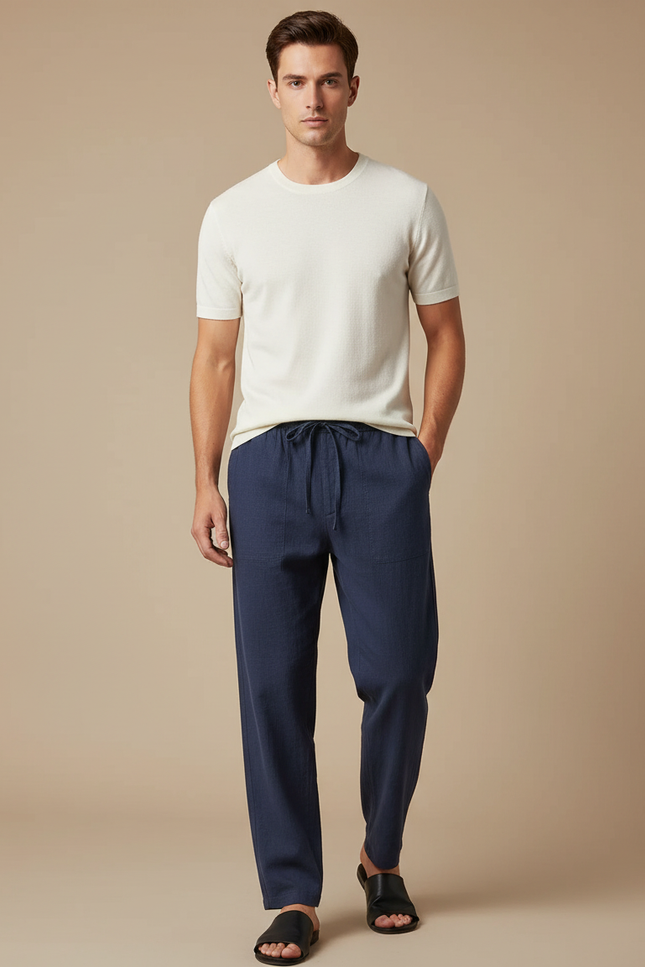 Pantalon Chinois Bleu Marine Lin Ample Homme Décontracté