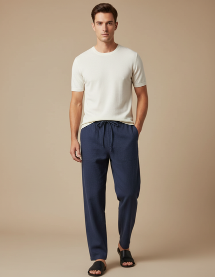 Pantalon Chinois Bleu Marine Lin Ample Homme Décontracté