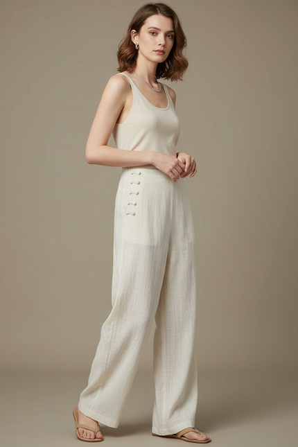 Pantalon Chinois Écru Lin Ample Décontracté Boutons - Beige