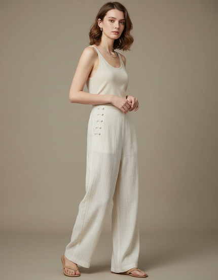 Pantalon Chinois Écru Lin Ample Décontracté Boutons - Beige