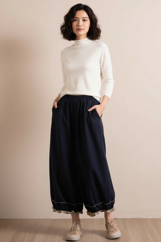 Pantalon Chinois Bleu Marine Ample Coton Décontracté - Molleton