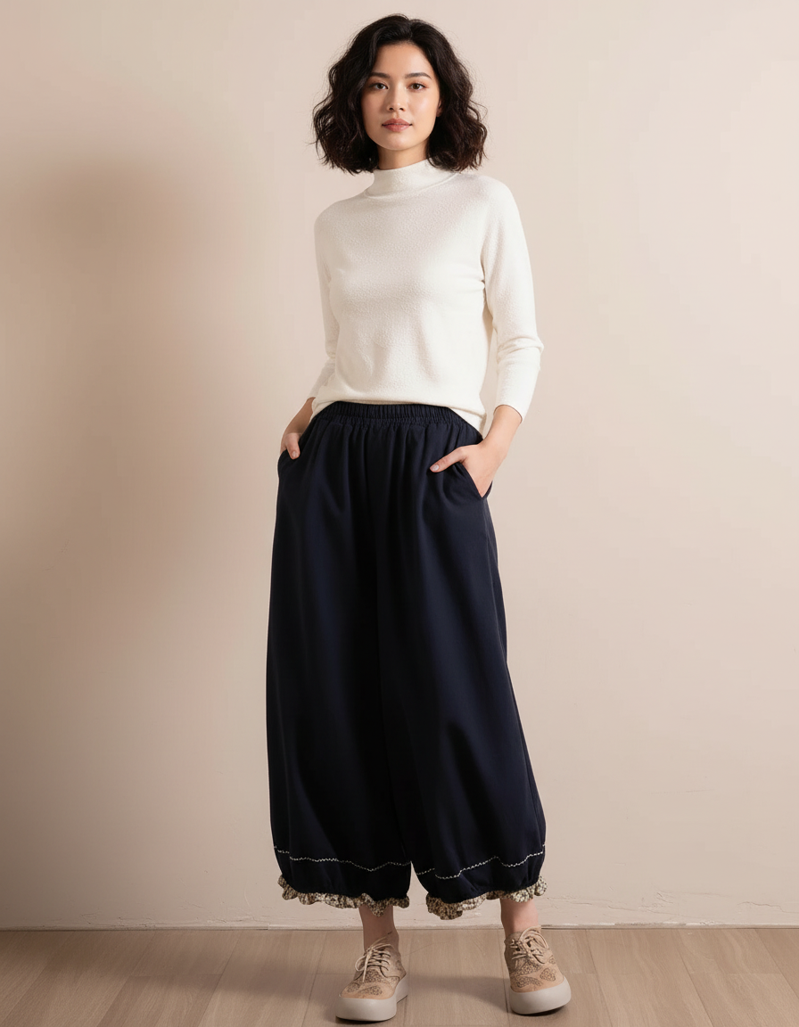 Pantalon Chinois Bleu Marine Ample Coton Décontracté - Molleton