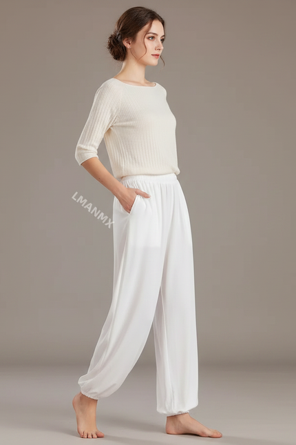 Pantalon Chinois Blanc Ample Fluide Sport Doux Femme - Viscose