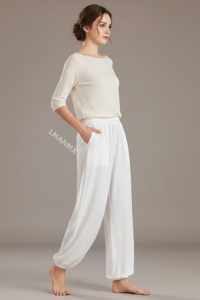 Pantalon Chinois Blanc Ample Fluide Sport Doux Femme - Viscose
