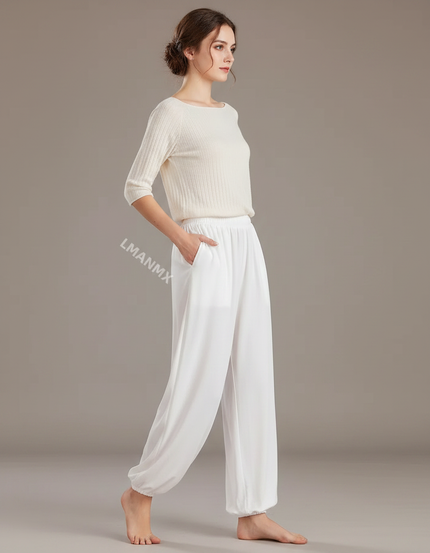 Pantalon Chinois Blanc Ample Fluide Sport Doux Femme - Viscose