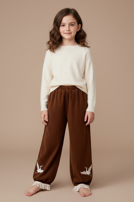 Pantalon Chinois Marron Côtelé Brodé Frangé Ample Enfant - Cordé