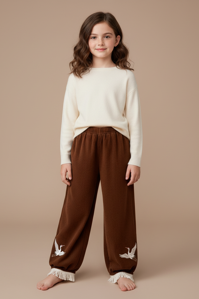 Pantalon Chinois Marron Côtelé Brodé Frangé Ample Enfant - Cordé