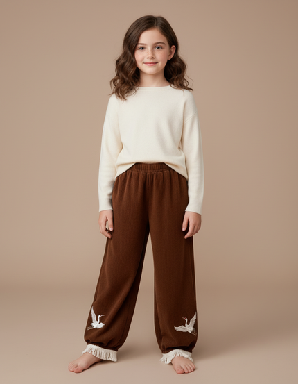 Pantalon Chinois Marron Côtelé Brodé Frangé Ample Enfant - Cordé