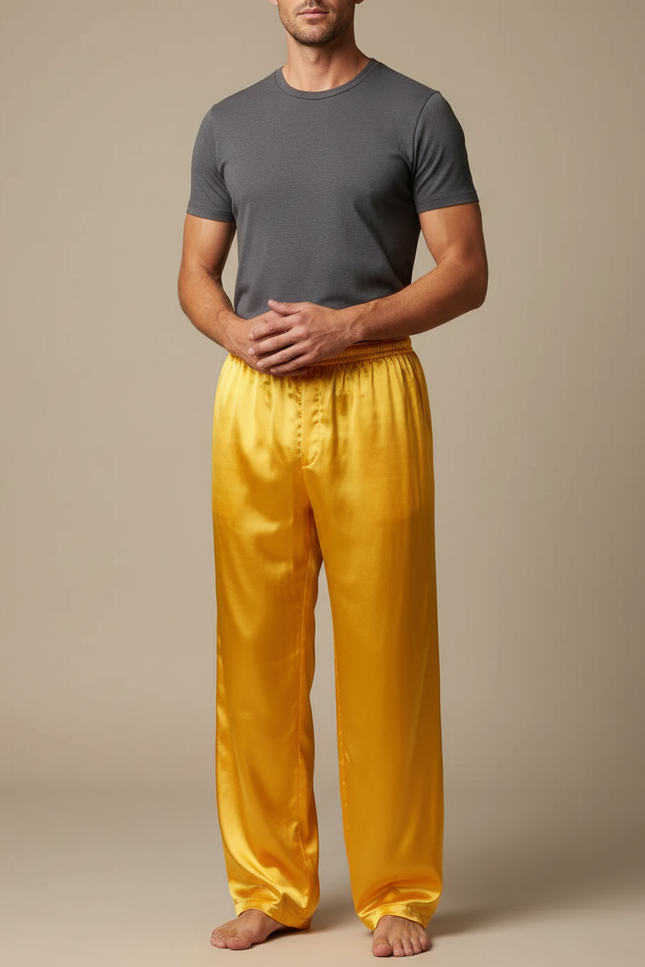 Pantalon Chinois Jaune Satiné Ample Homme Fluide
