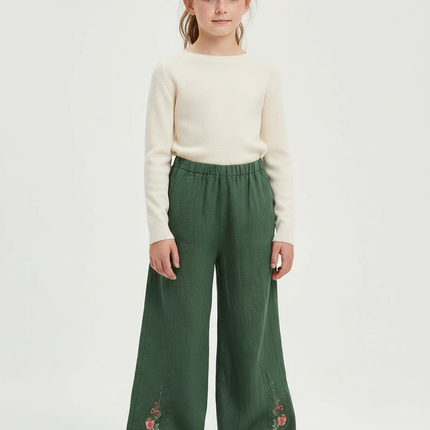 Pantalon Chinois Vert Brodé Ample Fille Décontracté - Lin