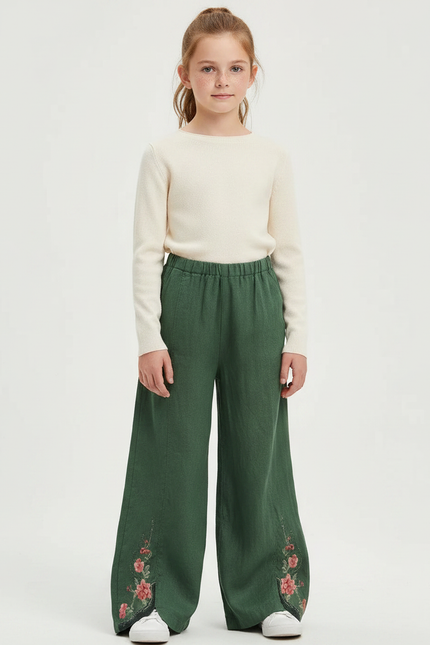 Pantalon Chinois Vert Brodé Ample Fille Décontracté - Lin
