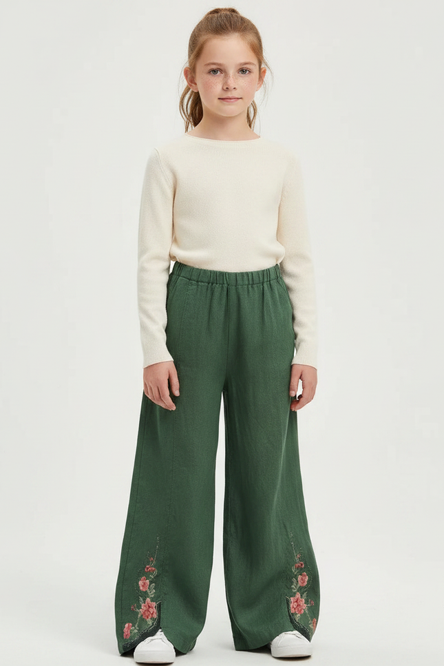 Pantalon Chinois Vert Brodé Ample Fille Décontracté - Lin