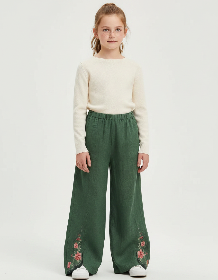 Pantalon Chinois Vert Brodé Ample Fille Décontracté - Lin