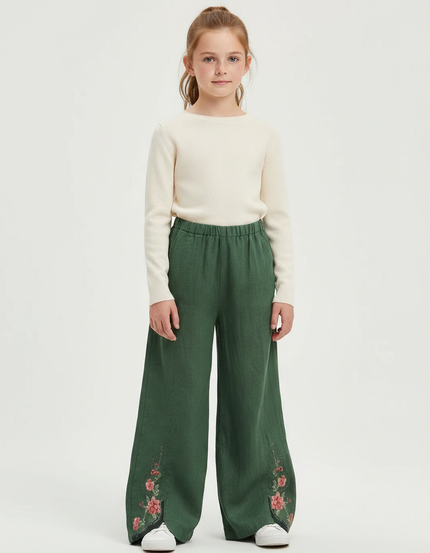 Pantalon Chinois Vert Brodé Ample Fille Décontracté - Lin