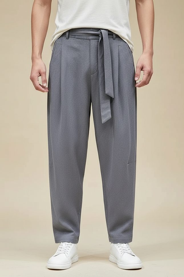 Pantalon Chinois Gris Ceinturé Ample Décontracté Homme - Polyester