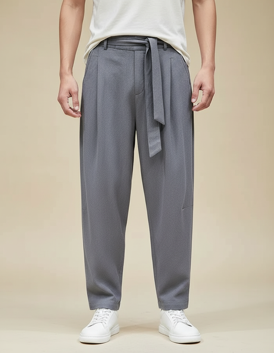 Pantalon Chinois Gris Ceinturé Ample Décontracté Homme - Polyester