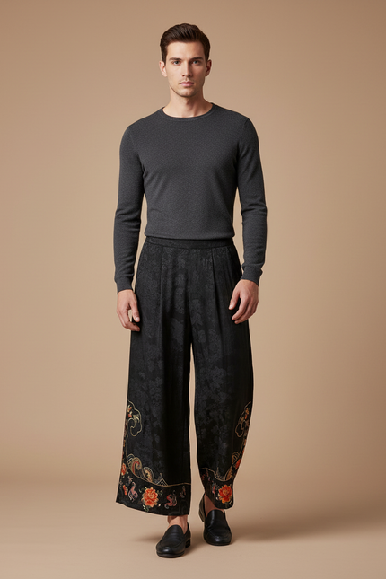 Pantalon Chinois Noir Brodé Ample Jacquard Vintage - Soie