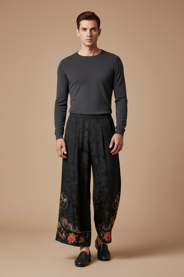 Pantalon Chinois Noir Brodé Ample Jacquard Vintage - Soie