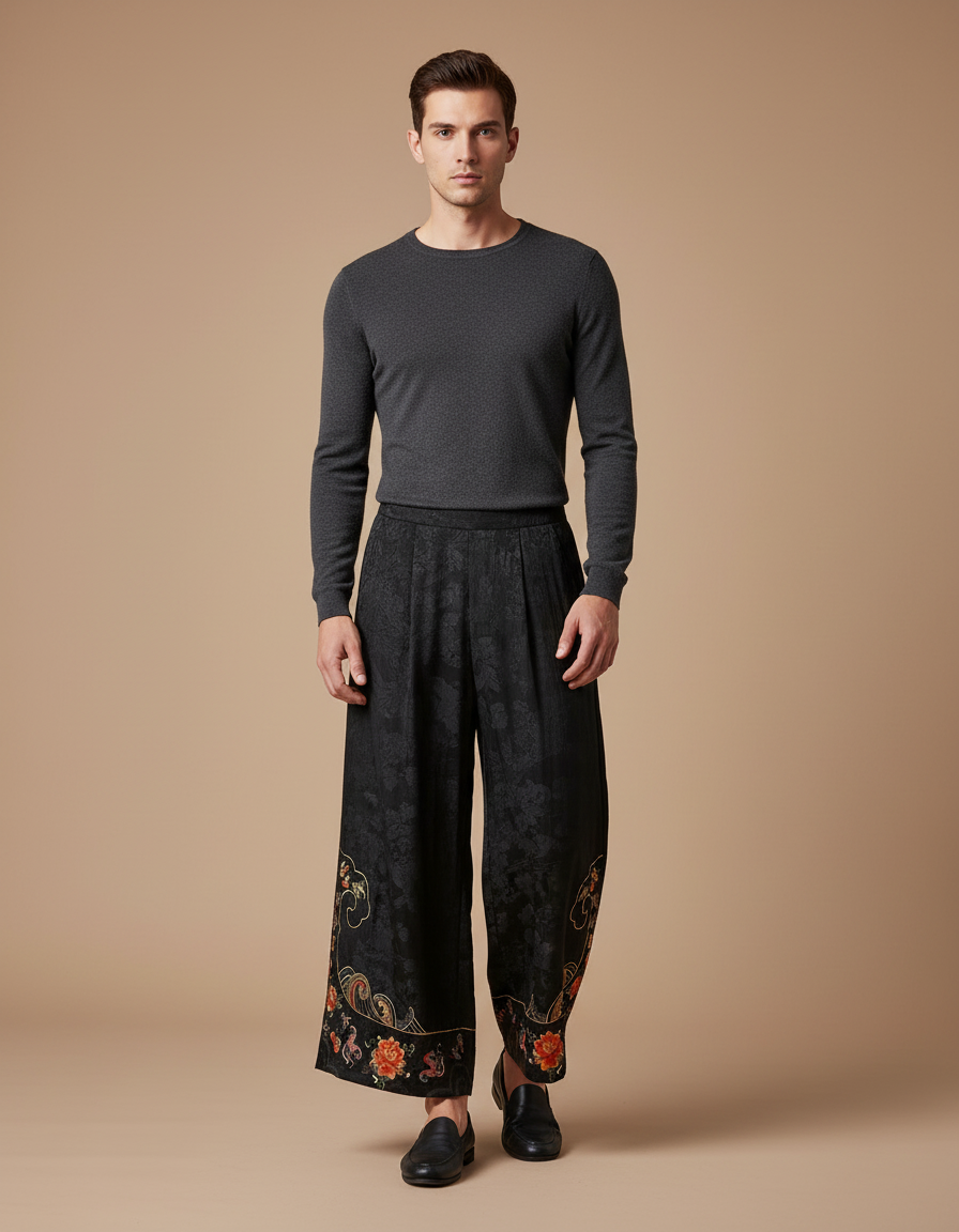 Pantalon Chinois Noir Brodé Ample Jacquard Vintage - Soie
