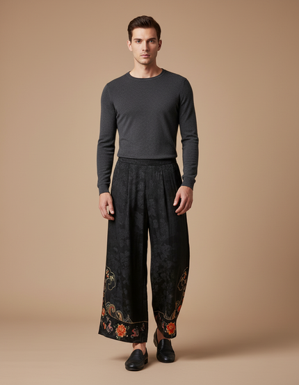 Pantalon Chinois Noir Brodé Ample Jacquard Vintage - Soie