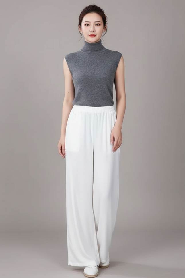 Pantalon Chinois Blanc Fluide Ample Femme - Viscose