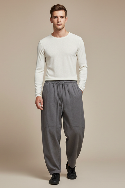 Pantalon Chinois Gris Lin Ample Décontracté Harem Homme