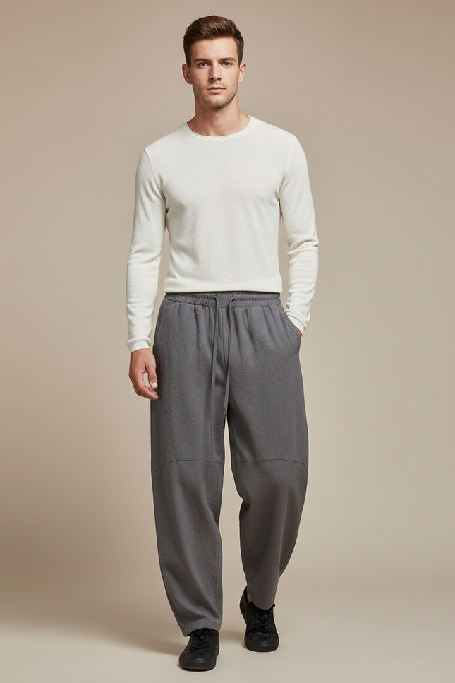 Pantalon Chinois Gris Lin Ample Décontracté Harem Homme