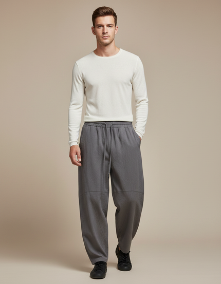 Pantalon Chinois Gris Lin Ample Décontracté Harem Homme