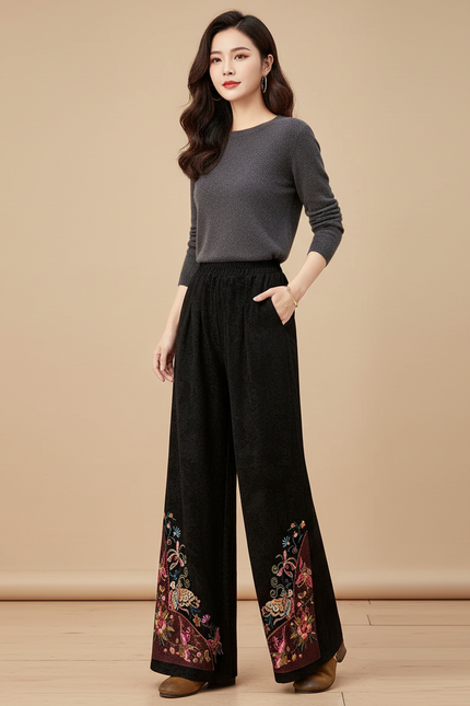 Pantalon Chinois Noir Brodé Ample Élégant Femme - Velours