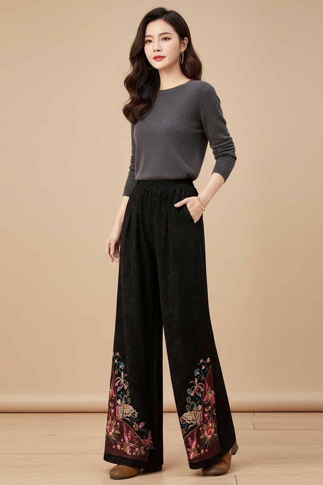 Pantalon Chinois Noir Brodé Ample Élégant Femme - Velours