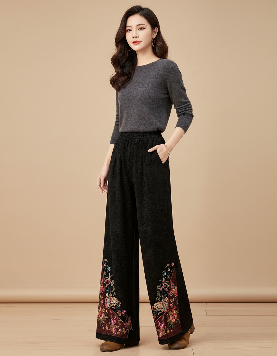 Pantalon Chinois Noir Brodé Ample Élégant Femme - Velours