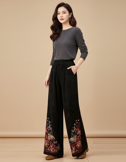 Pantalon Chinois Noir Brodé Ample Élégant Femme - Velours