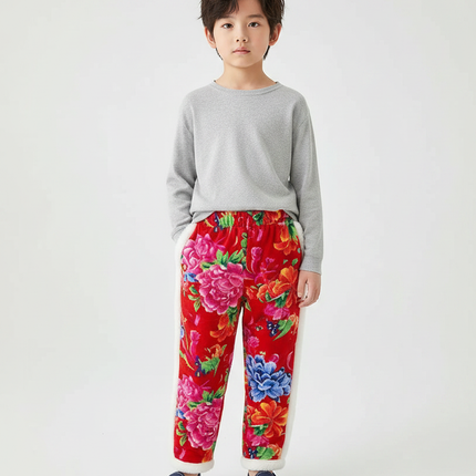 Pantalon Chinois Rouge Floral Matelassé Enfant Doublé - Velours
