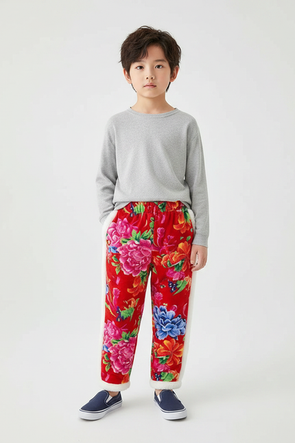 Pantalon Chinois Rouge Floral Matelassé Enfant Doublé - Velours