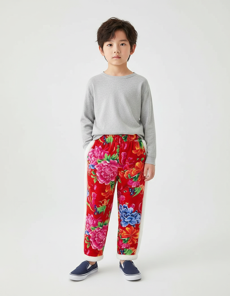 Pantalon Chinois Rouge Floral Matelassé Enfant Doublé - Velours
